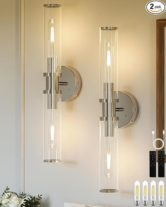 Rechargeable Battery Wall Sconce with Remote Control, Nickel Wireless Wall Lights, Easy Install Dimmable Battery Sconces Wall Decor Set of 2 for Living Room Bedroom Hallway Entryway Stairwell, 3000K