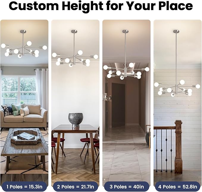 Modern Sputnik Chandeliers Light, 10 Lights Brushed Nickel Chandeliers for Dining Room, E26 Height Adjustable Chandelier Ceiling Lighting Fixture for Farmhouse Kitchen Island Living Room Foyer