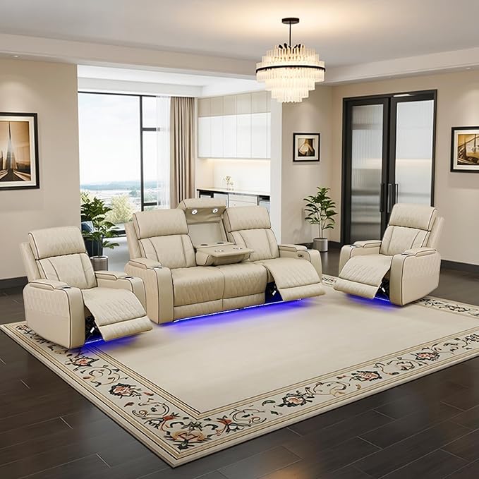 Power Leather Recliner Sofa Set with LED Light,Reclining Sofa and 2*Chairs Set with Coffee Table/USB Charger/Storage,Luxury Leather Couch for Living Room/Home Theater(3+1+1 Seats,Beige)