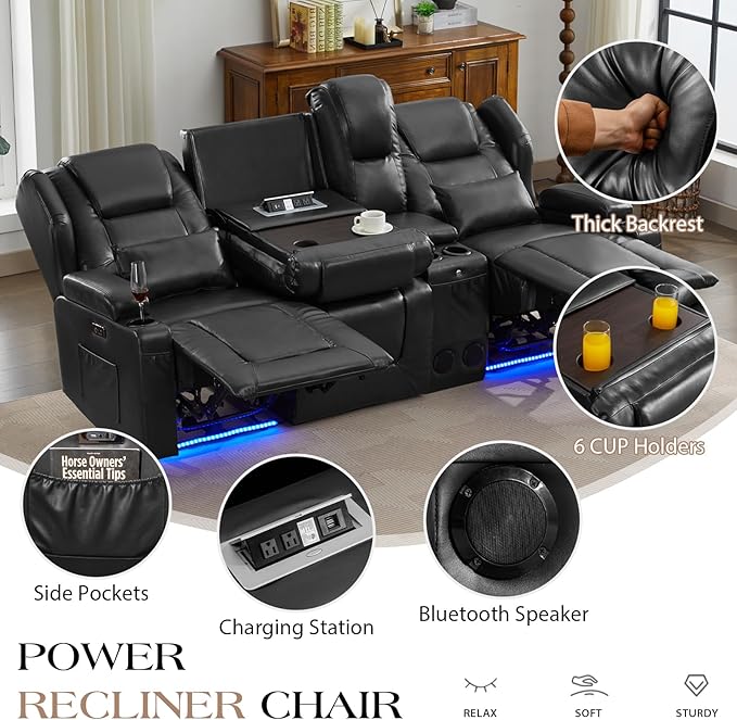Oprisen 3-Seater Power Recliner Sofa Couch Flip Middle Backrest Reclining Sofa Chair for Living Room with Multi-Function Console/Cup Holders/LED Ambient Light