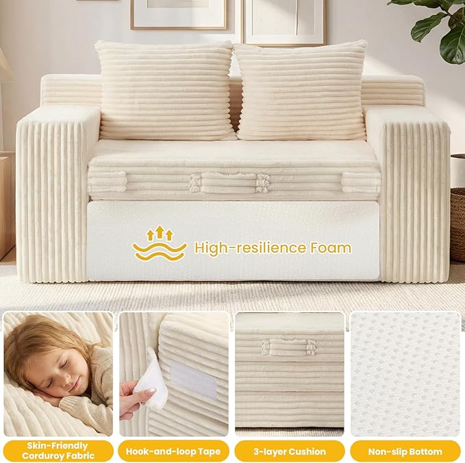 Boneless Couch,Boneless Loveseat Sleeper Sofa Bed – 3-in-1 Convertible Couch Bed with Side Pockets & Handle,Pull Out Corduroy Futon for Small Space,Living Room & Bedroom,2 Pillows Included,No Assembly