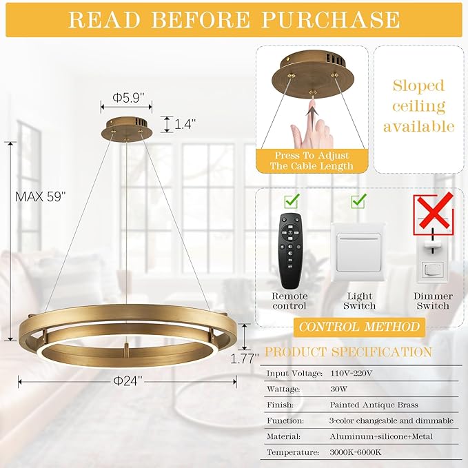 LED Ring Chandelier Gold Round Chandelier 30W Entry Chandeliers Light Brass Gold Dimmable Chandeliers for Dining Room Entryway Kitchen Island Bedroom Living Room, 24in