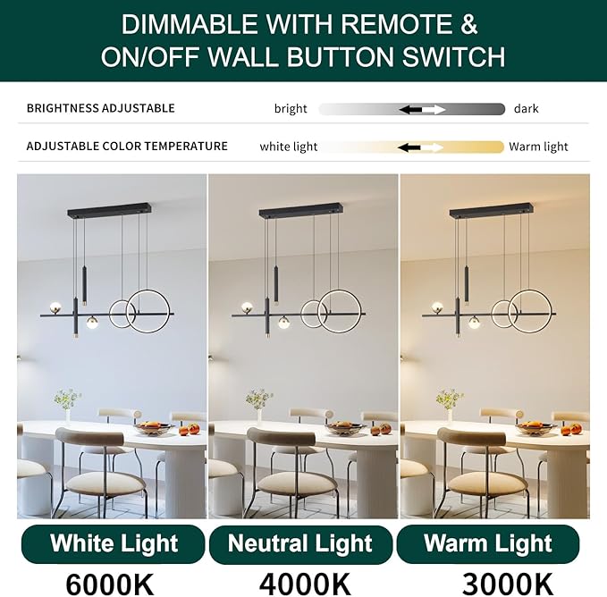 LED Modern Chandeliers for Dining Room, Dimmable Black Gold Chandelier Kitchen Pendant Lighting Over Island, Linear Ring Globe Pendant Light Fixtures Dining Room Lights Ceiling Hanging