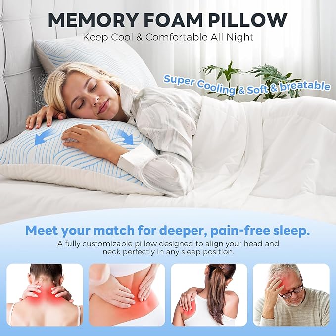 Cooling Bed Pillows for Sleeping 2 Pack Shredded Memory Foam Pillows Queen Size Set of 2 Adjustable Supportive Pillow for Back Stomach Side Sleepers Washable Removable Cover