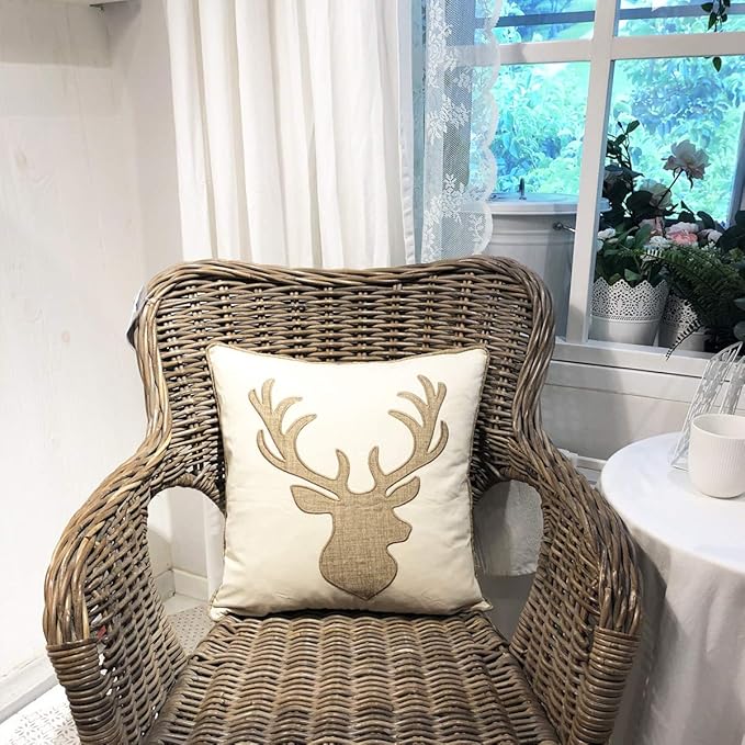 Embroidered Throw Pillow Covers Deer Head Pattren 18x18 Inches for Living Room Cotton Cushions Covers (Khaki) …