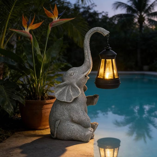 DiliComing Elephant Resin Sculpture - 12 Inch Solar-Powered Outdoor Garden Decor, Housewarming & Birthday Gift for Women, UV-Resistant Coating - Elephant Statue