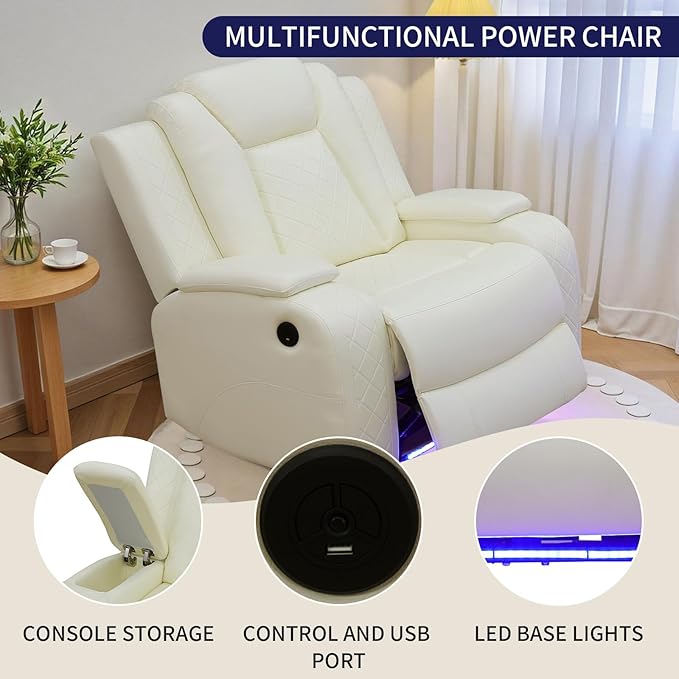 Power Recliner Sofa Set for Living Room Furniture Set, Leather Reclining Sofa and Chair with Drop-Down Table, Hidden Storage for Home Theater Seating (Sofa and Chair, White)