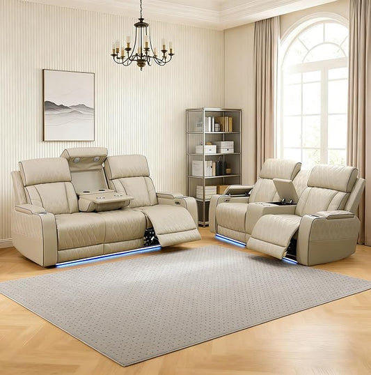 Power Reclining Sofa Set for Living Room, Leather Recliner Loveseat and Couch with Drop-Down Table, Power Pads, Cup Holders, Storage Console for House/Home Teather(Sofa and Loveseat, Beige)