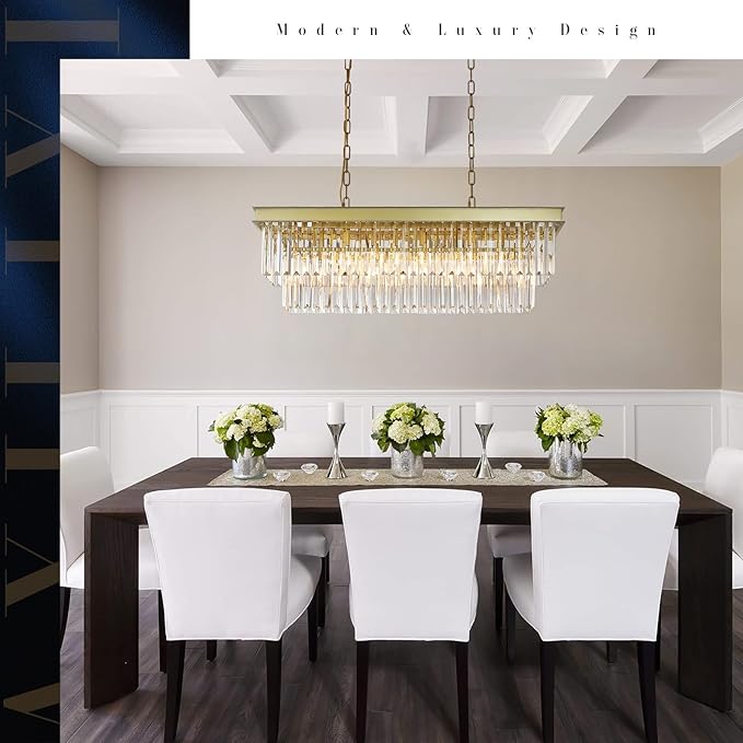 Rectangular Crystal Chandelier Gold for Dining Room Modern Chandelier Rectangle Linear Pendant Light Fixtures for Kitchen Island L33” K9 Luxury Long Chandelier for Living Room