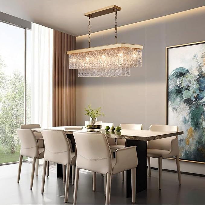 35.4 Inch 11-Light E12 Modern Dining Room Chandelier, Kitchen Island Chandelier Black Rectangular, Water Ripple Glass Adjustable Hanging Ceiling Light Fixture