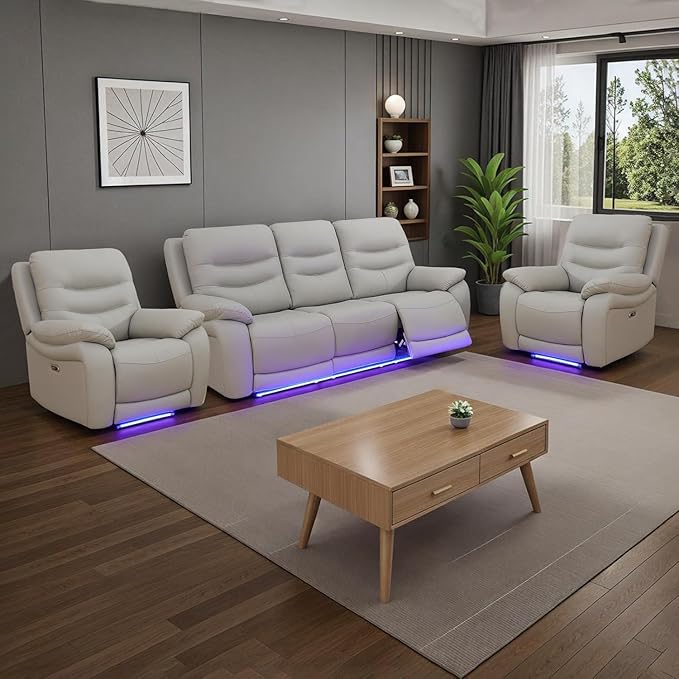 Power Reclining Sofa Set, Genuine Leather Recliner Sofa Set,Living Room Furniture Setwith USB Charging and LED Lights,for Living Room/Apartment/Office/Home Theather,Light Grey,2C+S