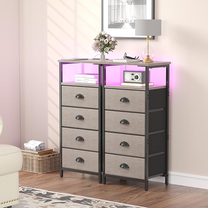 Nightstand with Charging Station,LED Grey Nightstand with 4 Fabric Drawers, Bedside End Tables, 2-Tier Open Storage Shelf Side Table Nightstand with Drawers for Bedroom,Grey