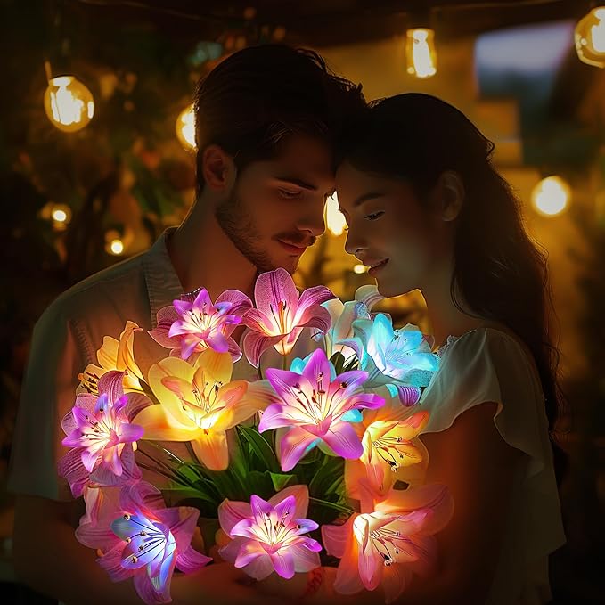 4 Pack Solar Flowers Lights Outdoor Waterproof with Lily, Yard Decorations Outdoor Garden Decor, Solar Garden Lights Outdoor Decor