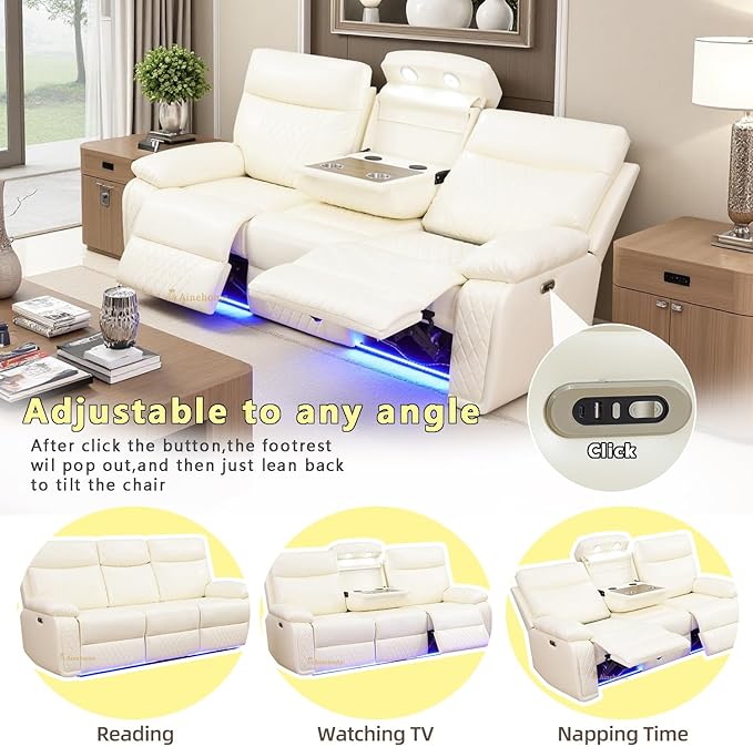 A Ainehome Power Recliner Sofa Couch with LED, Breathing Leather Reclining Couches, Living Room Furniture Sets, Recliner Furniture with Coffee Table/Cup Holders/Charging for Living Room