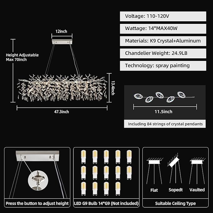 14 Light Modern Tree Branch Chandelier, 47.3" Chrome Rectangular Raindrop Chandelier for Dining Room, Foyer, Kitchen Island Contemporary K9 Crystal Pendant Light Fixture