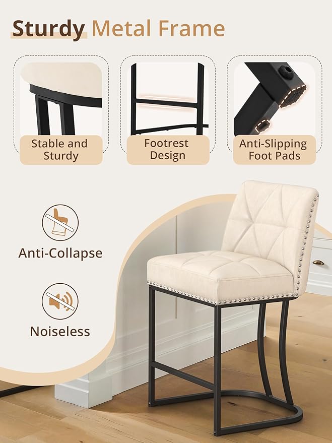 LUE BONA 24" Bar Stools Set, Counter Height Bar Stools with 5.5" Thick Cushion, Upholstered Leather Barstools with Metal Frames for Kitchen Island, Dining Room, Apricot Grey