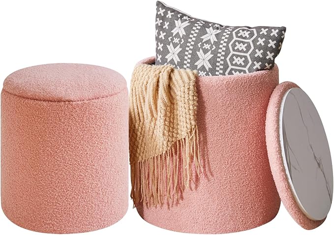 IBUYKE Storage Ottoman Set of 2 Round Ottoman Fleece Vanity Stool with Storage Velvet Footrest Stool End Table Boucle Ottoman for Home Organization Pink UWBD015P