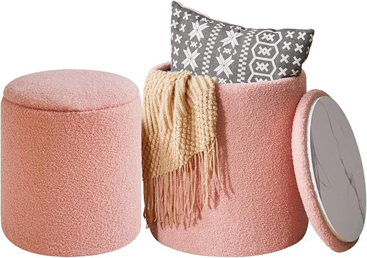IBUYKE Storage Ottoman Set of 2 Round Ottoman Fleece Vanity Stool with Storage Velvet Footrest Stool End Table Boucle Ottoman for Home Organization Pink UWBD015P