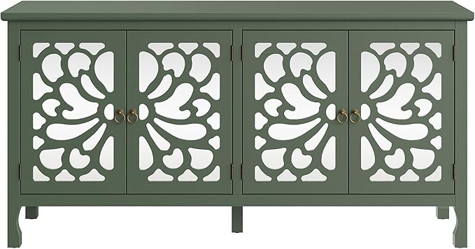 63" Carved Buffet Cabinet with Mirrored Door, Modern Console Table with Storage and Adjustable Shelves, Wood Media Sideboard for Entryway, Living Room, Bedroom, Dining Room, Bathroom (Green)