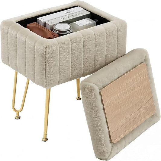 DUMOS Vanity Stool Chair with Storage, Small Ottoman Faux Fur Soft Padded Footstools Seat with 4 Metal Legs Anti-Slip Adjustable Feet Modern Footrest for Home Entryway Bedroom Makeup Camel