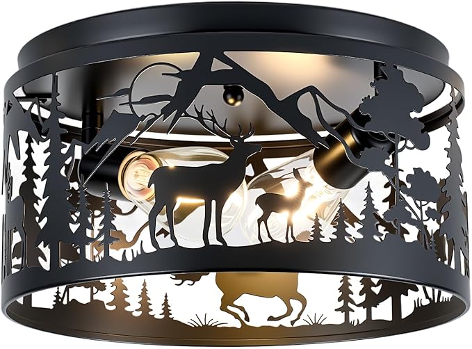 Farmhouse Rustic Ceiling Light Fixtures - Deer & Horse Design, 2-Light E26 Round Metal Fixture for Kitchen, Bedroom, Foyer, Entryway, Lodge (Bulbs Not Included)