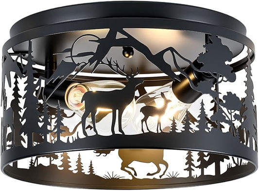 Farmhouse Rustic Ceiling Light Fixtures - Deer & Horse Design, 2-Light E26 Round Metal Fixture for Kitchen, Bedroom, Foyer, Entryway, Lodge (Bulbs Not Included)