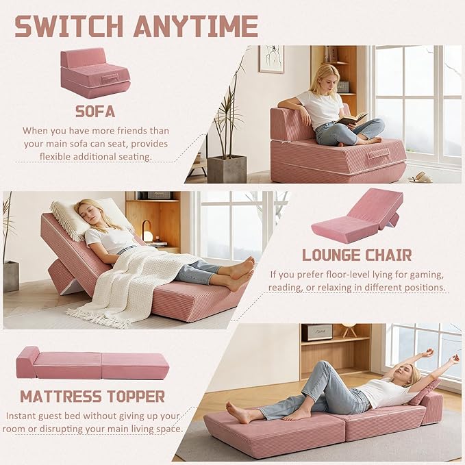Trenda Folding Sofa Bed, 16lbs Convertible Sleeper Chair with Removable Back Pillow & Handle, Washable Cover Solid Foam Fold Out Chair Bed for Living Room, Apartment, Guest, Single, Pink