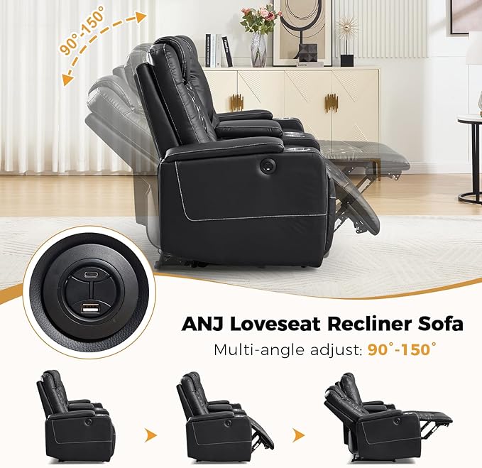 ANJ Reclining Loveseat,Power Recliner Sofa with USB Ports and Cup Holders - Overstuffed Electric Living Room Seating PU Leather Double Recliner with Hidden Arm Storage, Easy to Clean (Black)