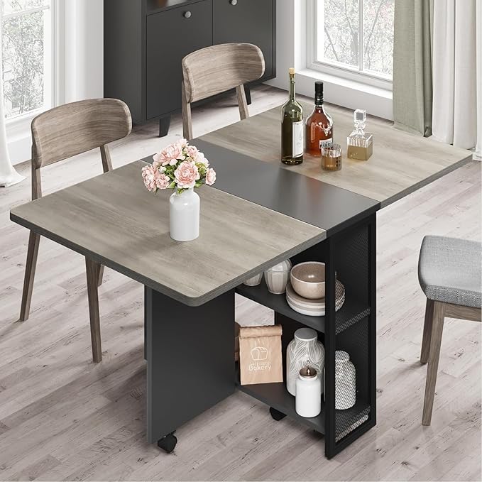 GAOMON Folding Dining Table, Drop Leaf Dining Table for 4, Foldable Kitchen Table with 6 Wheels and 2 Storage Shelf, Space Saving Dining Table with Drawer for Small Spaces