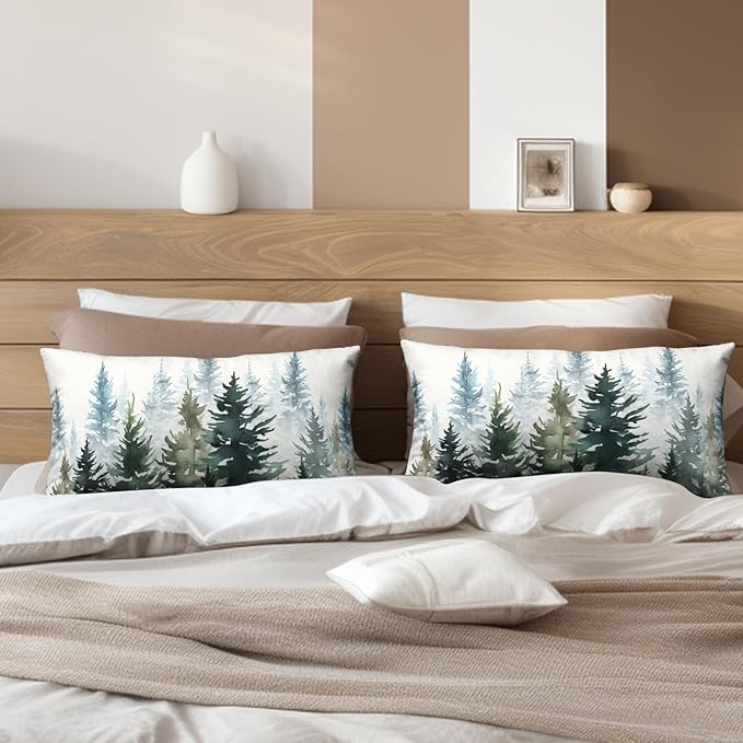 Watercolor Dark Green Christmas Tree Lumbar Pillow Covers 12x20 Set of 2 Winter Rustic Nature Forest Throw Pillow Covers Xmas Pine Trees Linen Pillow Cases for Farmhouse Living Room Decor