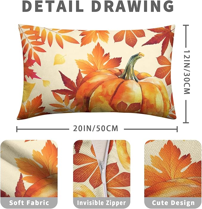 Fall Throw Pillow Covers 12x20 Set of 2 Orange Black Maple Leaves Pumpkin Autumn Lumbar Pillow Case Thanksgiving Harvest Farmhouse Outdoor Rectangle Cushion Case for Sofa Couch