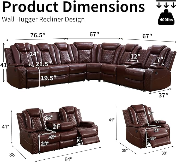 Power Leather Recliner Sectional Sofa with LED Light,L Shaped Reclining Couch with USB Charger/Cup Holder/Storage,Leather Sofa for Living Room/Home Theater(Burgundy,Sectional+3 Seats)