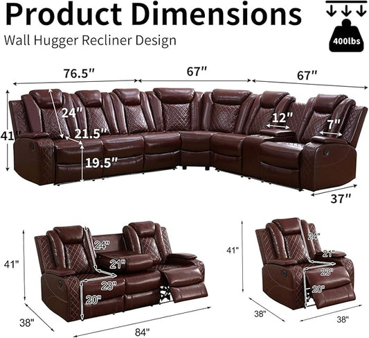 Power Leather Recliner Sectional Sofa with LED Light,L Shaped Reclining Couch with USB Charger/Cup Holder/Storage,Leather Sofa for Living Room/Home Theater(Burgundy,Sectional+3 Seats)