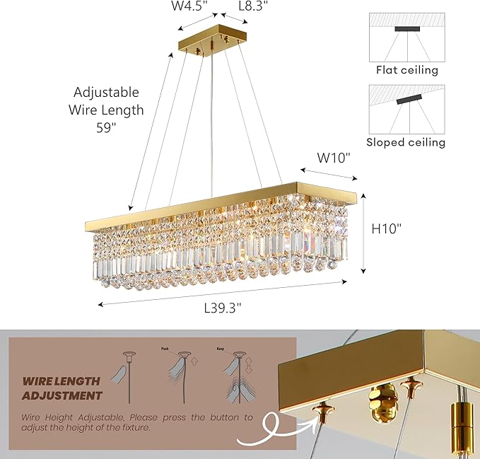 Modern Crystal Chandelier for Dining Room 8-Light Gold Rectangle Chandeliers K9 Crystal Ceiling Light Fixture Hanging Pendant Lights Kitchen Island Bar Bedroom Party Wedding Hotel