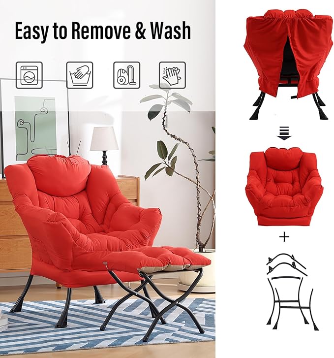 Lazy Chair with Ottoman, Modern Chair with Folding Footrest, Red Accent Chair, Comfortable Reading Chair, Oversized Armchairs for Bedroom, Study, Living Room, Courtyard