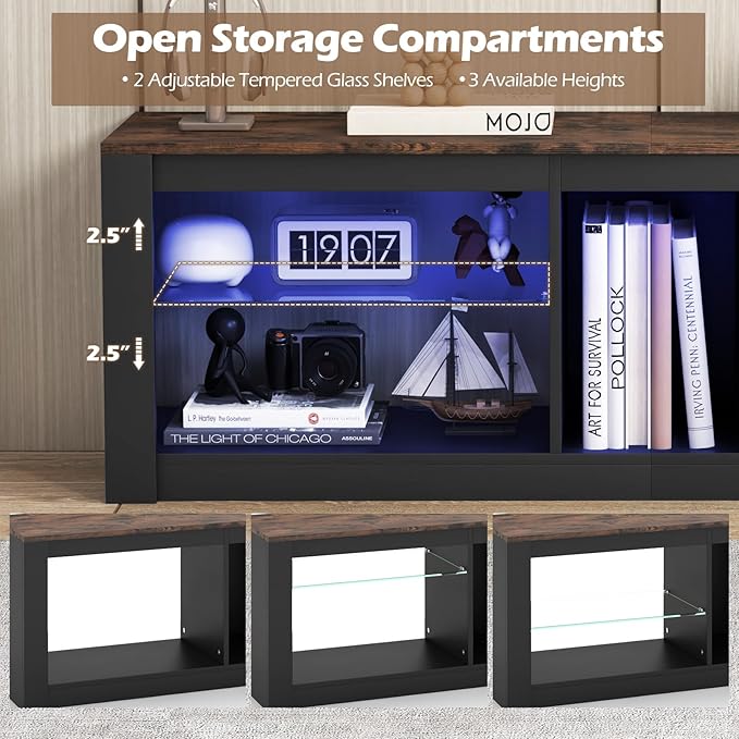 Tangkula LED TV Stand for 65 Inch TVs, Gaming Entertainment Center w/Open Storage, Adjustable Tempered Glass Shelves, Modern Media TV Console Table for Living Room Bedroom (Rustic Brown)
