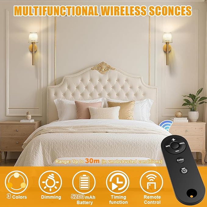 Magnetic & Detachable Wireless Wall Sconces (Gold) - 5200mAh Rechargeable Battery Bar for Staircase, Bedroom, Lounge