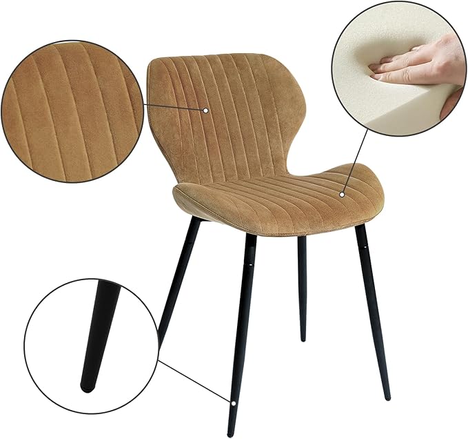 CangLong Mid Century Modern Dining Chairs Set of 2, Upholstered Kitchen Dining Room Chairs, Velvet Comfortable Dining Chair with Metal Legs, for Kitchen, Dining, Living Room, Yellowish Brown