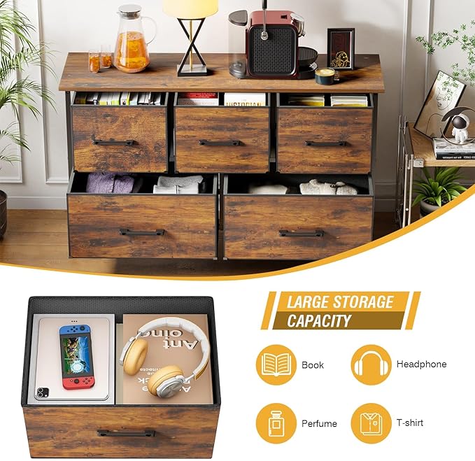 FDW 5 Fabric Drawers Dresser for Bedroom,Chest Organizer Units with Steel Frame and Wooden Top for Bedroom,Closet,Living Room, Entryway,Brown