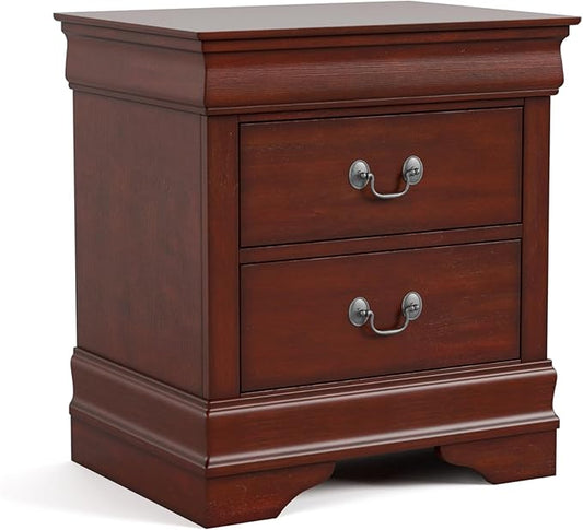 Furniture of America Arabella Traditional Solid Wood Nightstand with Drawers and Antique Nickle Handles, Small Bedside Table, No Assembly Wooden Night Stand for Bedroom, Guest Room, Dorm, Cherry