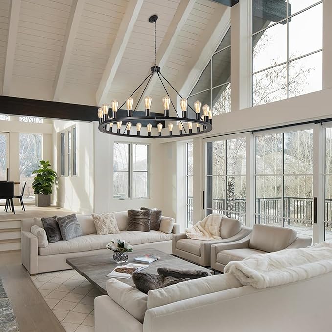 Wagon Wheel Chandelier 24-Light 48-Inch, Black Round Rustic Farmhouse Chandelier Extra Large for High Ceilings, Dining Room, Living Room