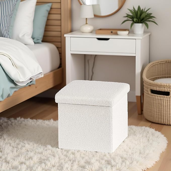 15 Inches Small Storage Ottoman - Square Ottoman with Sherpa Top,Storage Bench for Bedroom,15" L x 15" W x 15" H-White