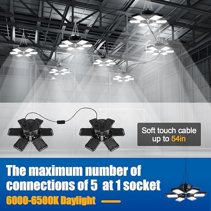 LED Garage Lights 4 Pack -180W, 18000LM 6500K Led Shop Light with 6+1 Deformable Panels, Basement Barn Light Garages Ceiling Lights, E26/E27 for Garage, Warehouse, Shop, Basement