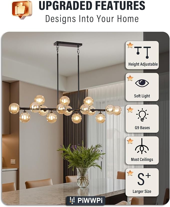 Large Linear Chandeliers for Dining Room Kitchen Island, 55" Long Light Fixture Over Table, 16-Light Modern Globe Sputnik Farmhouse Chandelier, Black and Amber Bubble, GC-08
