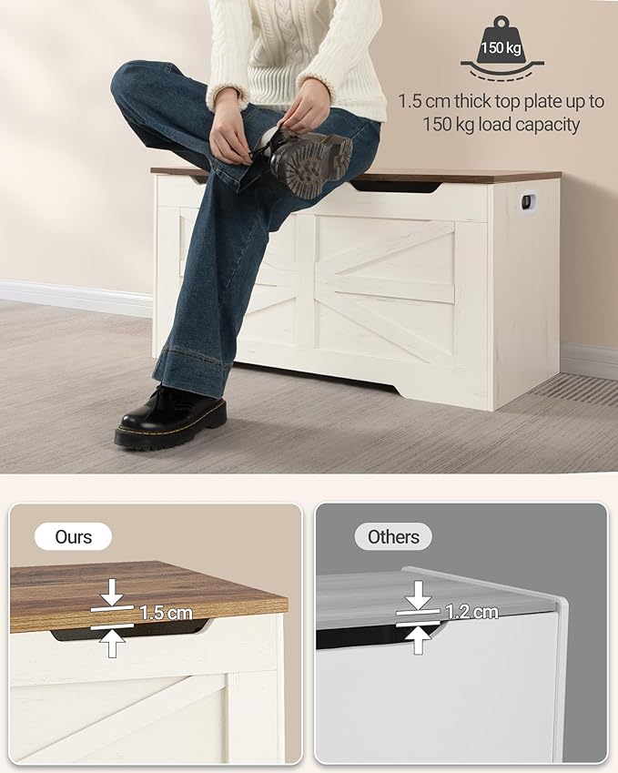 39.4" Storage Chest, Extra Large Storage Trunk with 2 Hinges, Wooden Box Bench, Lift-Top Organizer Chest, Shoe Bench for Entryway, Bedroom, Living Room, White and Brown SB03414X