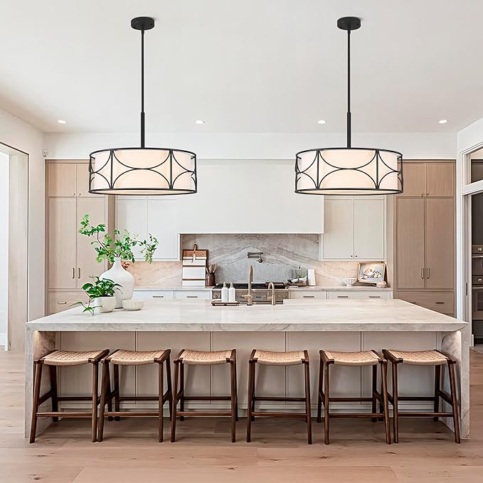 20" Drum Chandelier - Large Black Dining Room Light Fixtures 5-Lights Modern White Fabric Chandelier Farmhouse Drum Pendant Light Fixtures for Kitchen Island Living Room