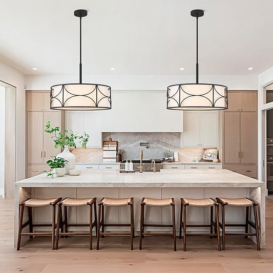 20" Drum Chandelier - Large Black Dining Room Light Fixtures 5-Lights Modern White Fabric Chandelier Farmhouse Drum Pendant Light Fixtures for Kitchen Island Living Room