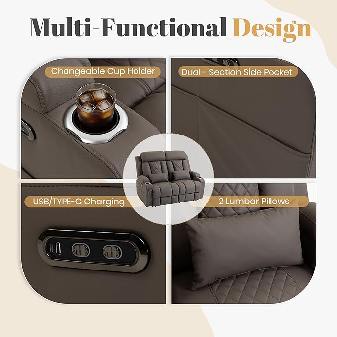2-Piece Power Reclining Sofa Set, 3-Seater Sofa with Drop-Down Console & 2-Seater Loveseat, Zero Wall Hugger Electric Recliner Couch with Adjustable Headrest, AC Outlets (Brown, Loveseat)