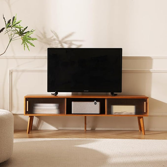 Bamboo TV Stand Entertainment Center tv Console, Mid-Century Modern Television Stand for 55-65 inch TVs, Wood TV Stand with Storage, Tv Stands for Living Room, Bedroom and Home Decor, Brown
