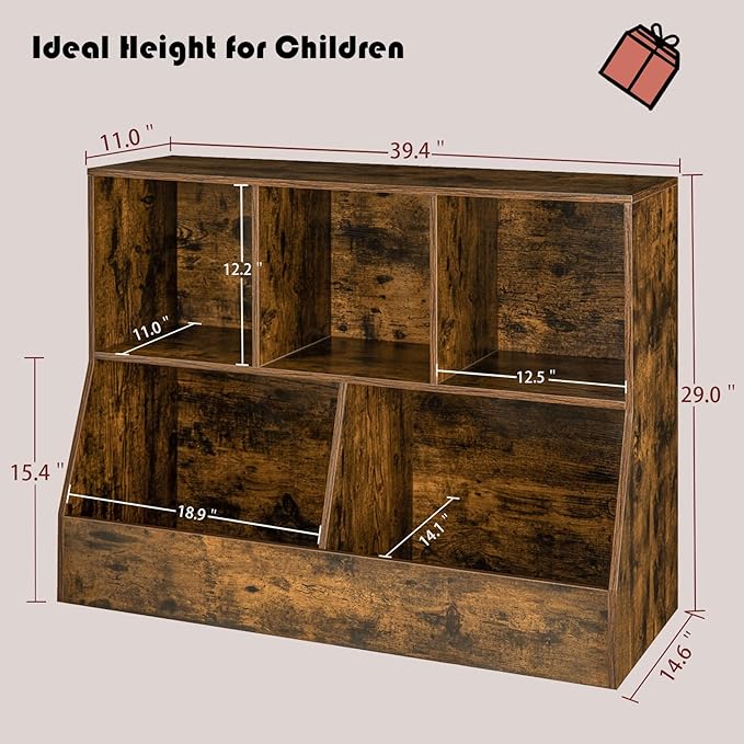 DINZI LVJ Toy Storage Organizer, Kids Bookshelf, Wood Toy Storage Cabinet, 5 Cubby Children Bookcase, 39.4" L Toddler Book Shelf for Playroom, Living Room, Nursery, Hallway, School, Rustic Brown